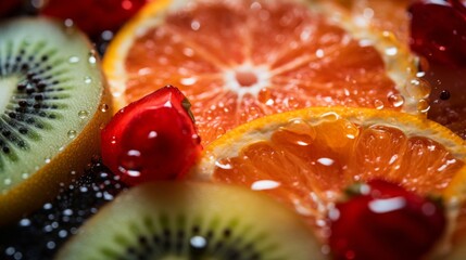 Macro shot capturing the fresh, juicy texture of citrus fruits and berries with water droplets.