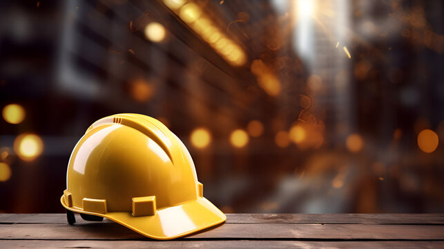 Safety Construction helmet on Table, Hard Cap, Construction Site Blur Background. Free Photo
