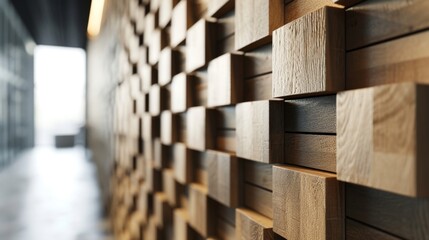 A closeup shot of a textured wall in an office featuring a 3D pattern created by alternating light and dark wooden panels.