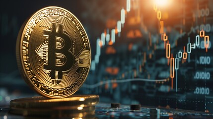 A shiny Bitcoin token stands in sharp focus against a backdrop of a blurred financial chart, highlighting cryptocurrency investment and market trends.