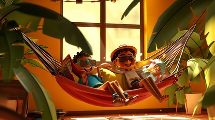 In this cartoon scene we see two sungles relaxing in a hammock one with a book and the other with a remote control enjoying an afternoon siesta. - obrazy, fototapety, plakaty