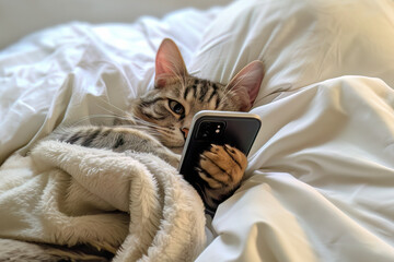 A cat is holding a phone in bed