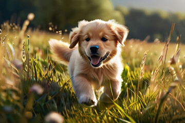 Sunny Meadow Frolics Adorable Golden Retriever Puppy Radiates Joy in Playful Bliss