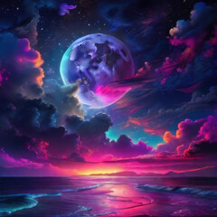 Cosmic landscape of sea, clouds and planet in bright neon lights. Futuristic digital night seascape in cyberpunk-style. Science fiction square backdrop.