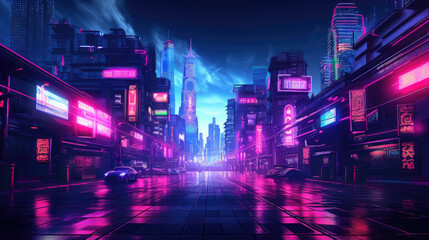 Photo of a cityscape with bright neon lights, suitable for use in advertising design or background images. Futuristic digital night street of a town in cyberpunk-style.