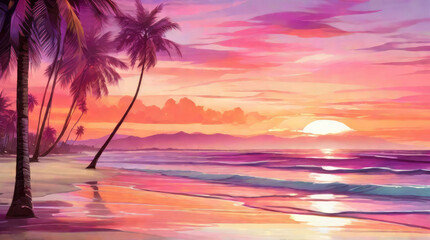 Fototapeta na wymiar Serene beach at sunset with waves gently lapping the shore, palm trees swaying in the breeze. Seascape pink background. Illustration in flat style.