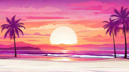 Fototapeta na wymiar Serene beach at sunset with waves gently lapping the shore, palm trees swaying in the breeze. Seascape pink background. Illustration in flat style.
