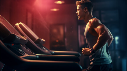 young man running on treadmill machine in a gym, hard work or healthy lifestyle concept, running...