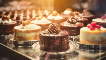 Vários bolos amostra para vender em um expositor com vidro em uma confeitaria. Destaque para o bolo de chocolate.