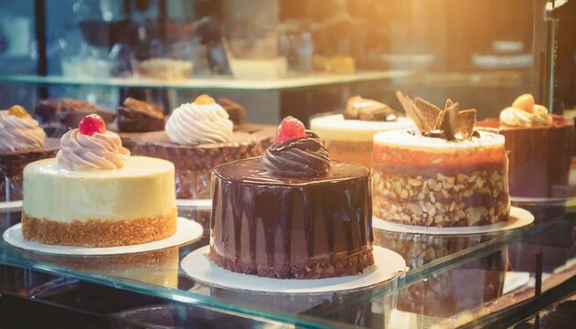  V&aacute;rios bolos amostra para vender em um expositor com vidro em uma confeitaria. Destaque para o bolo de chocolate.