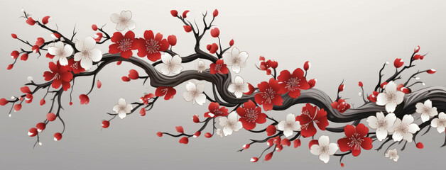 A Vector Illustration of a Tree with Red and White Blossoms, Flower art background, Japanese or Chinese art