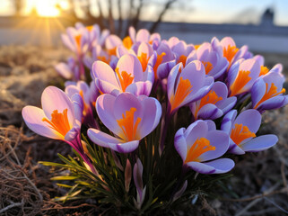 Springtime, Beautiful colorful purple crocus flowers blooming in a garden on a sunny spring day.