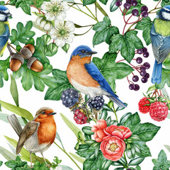 Garden birds with natural floral elements seamless pattern. Watercolor painted illustration. Hand drawn garden birds, flowers, berries, green leaves seamless pattern. White background