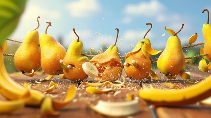 A group of pears playing tug of war with a banana peel instead of a rope causing chaos as they slip and slide around. - obrazy, fototapety, plakaty