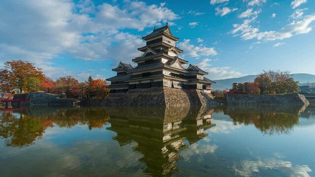 Time Lapse 4k of Matsumoto Castle with blue sky in Nagano, Japan. Autumn. 