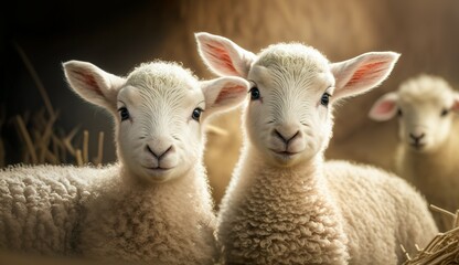 Obraz premium cute newborn lambs on a farm - close up - early spring