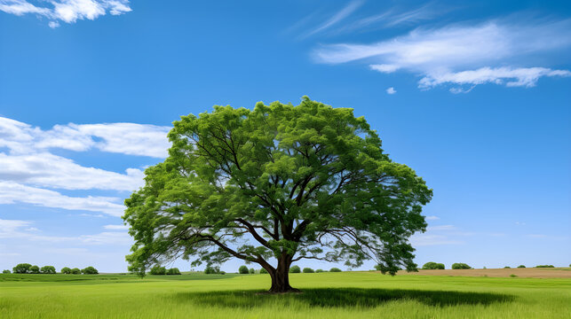 Majestic Elm Tree Dominating a Serene Green Landscape under a Clear Blue Sky