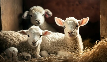 Obraz premium cute newborn lambs on a farm - close up - early spring