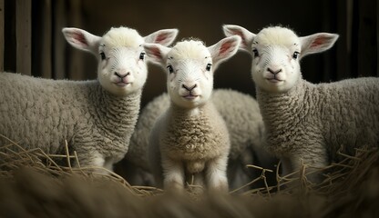 Naklejka na ściany i meble cute newborn lambs on a farm - close up - early spring