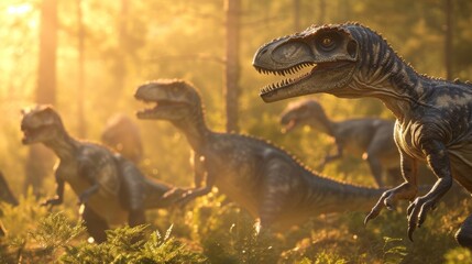 In the foreground a pack of velociraptors pause in their hunt and bask in the warm glow of the setting sun their sharp teeth glistening in the light.