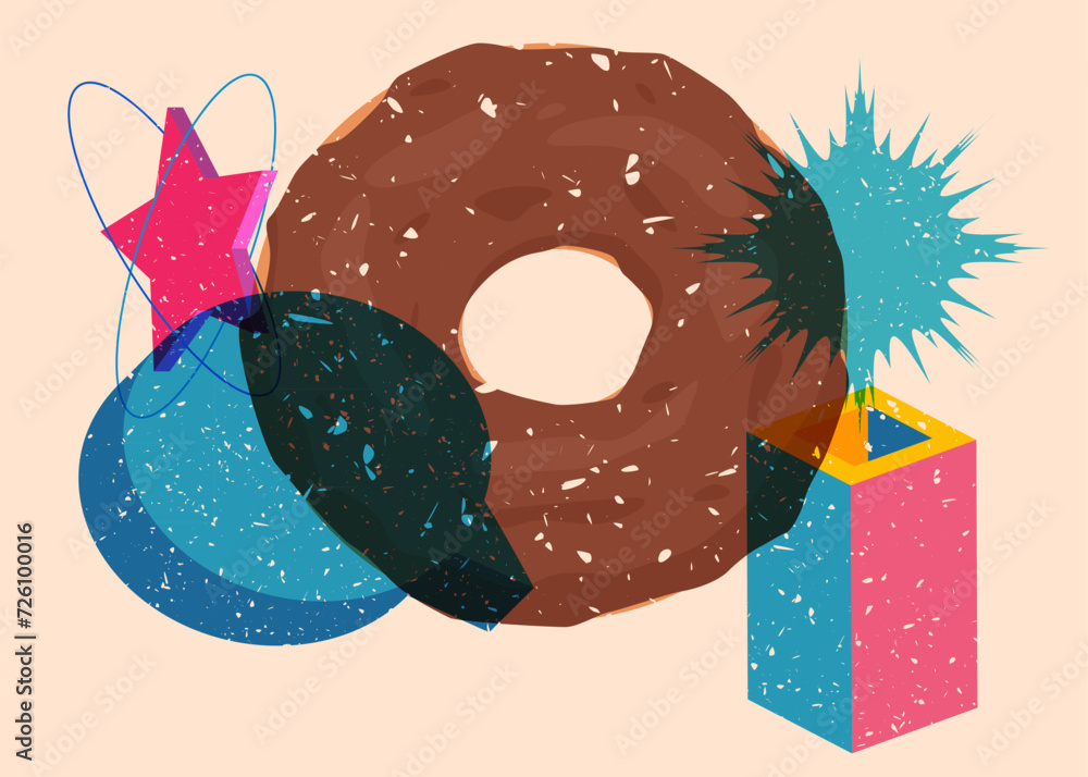 Poster risograph doughnut, sweet food with speech bubble with geometric shapes. dessert in trendy riso grap