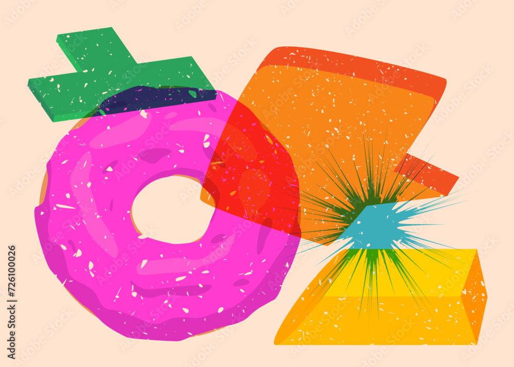 Poster risograph doughnut, sweet food with speech bubble with geometric shapes. dessert in trendy riso grap