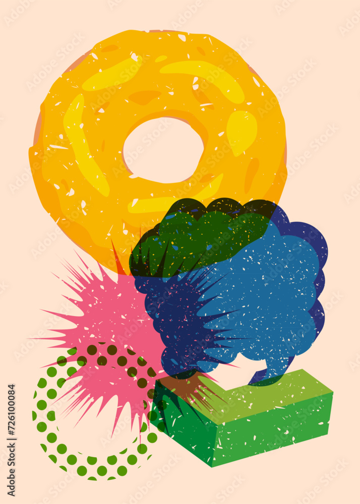 Poster risograph doughnut, sweet food with speech bubble with geometric shapes. dessert in trendy riso grap