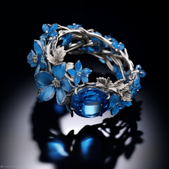 Silver Ring with Blue Diamond, Blue Flowers and Silver Leaves