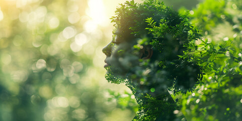 A serene double exposure artwork of a woman blended with a lush green forest, symbolizing harmony with nature and environmental consciousness.