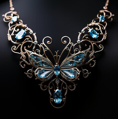 Gold Pendant with Blue Butterfly and Gemstones