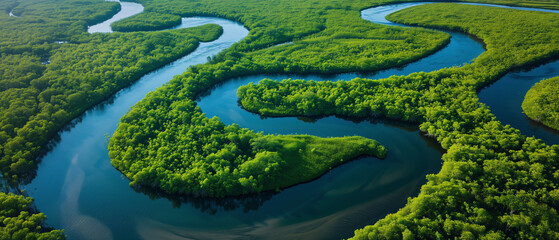 Captivating Aerial View of Meandering Rivers Cutting Through Lush Greenery in a Vibrant Natural Landscape - obrazy, fototapety, plakaty