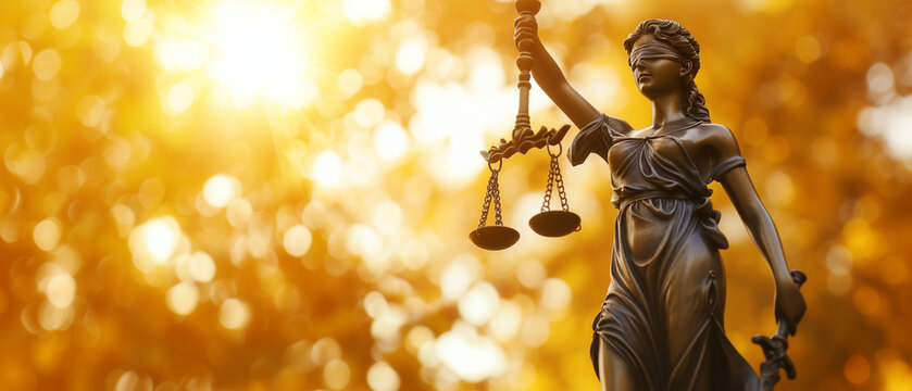 Lady Justice in Golden Light: Symbol of Law and Fairness Illuminated by the Warmth of the Setting Sun