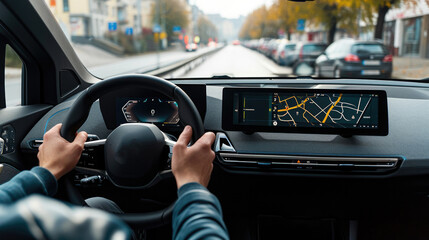 Interior shot from the driver perspective, showing a driver interacting with the high-tech hud hologram dashboard of an electric car