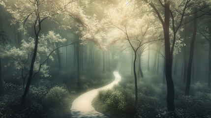 Mystical foggy forest with path and blooming flowers.