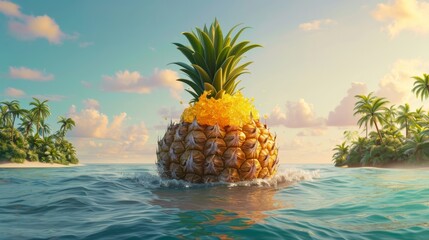 A giant pineapple volcano erupting with golden juice surrounded by panicking cartoon pineapple villagers trying to save their homes on the Pineapple Paradise Islands. - obrazy, fototapety, plakaty