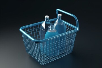 3D rendered shopping basket with water bottle. Generative AI