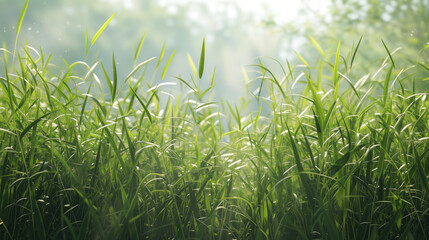 Green grass in the morning light. Beautiful nature background with copy space.
