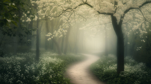 Mysterious forest with fog and path, 3d render.