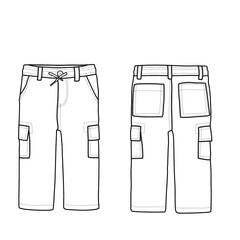 Template vector toddler cargo pants with pockets and drawstring. Outline vector doodle illustration, front, and bottom view, isolated with a white background.