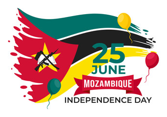 Mozambique Independence Day Vector Illustration on 25 June with Waving Flag and Ribbon in National Holiday Celebration Flat Cartoon Background