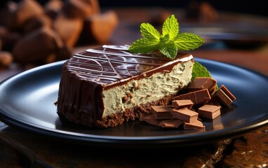 Delicious sweet appetizing cheesecake with chocolate glaze. Decorated with mint leaf.