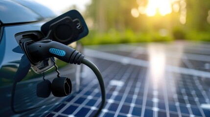 An electric car charging at a station, sleek modern design, bright sunlight reflecting off the car's surface, solar panels in the background under a clear blue sky - obrazy, fototapety, plakaty