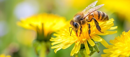 Bee on yellow dandelion in meadow, close-up.