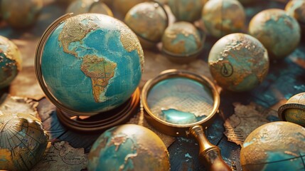 A group of globes gathered around a tiny globe holding a magnifying gl trying to find a hidden treasure on a treasure map.