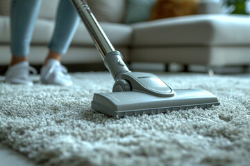 Close-up of a vacuum cleaner's head gliding over a fluffy, light-colored carpet, depicting household cleaning and maintenance