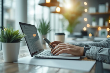 A professional works on a laptop while checking a smartphone in a modern office setting, emphasizing productivity and multitasking