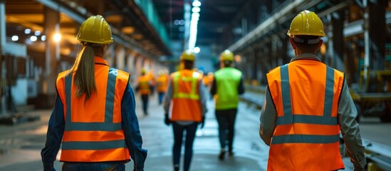 Employees in an industrial setting adorned in reflective vests.