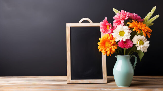 blank Blackboard next to vase with fresh flowers on table, A Classic Setting for Creative Inspirations and Personalized Messages.