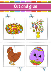 Fototapeta premium Cut and play. Paper game with glue. Flash cards. Education worksheet. Activity page. Funny character. cartoon style. Vector illustration.