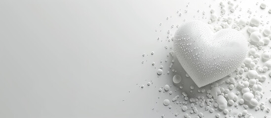close up of a white heart shape  and water dropson a white background.